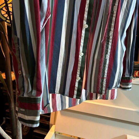 Vintage Y2K Tommy Hilfiger Red and Blue Striped Men's Shirt XL - Picture 12 of 16